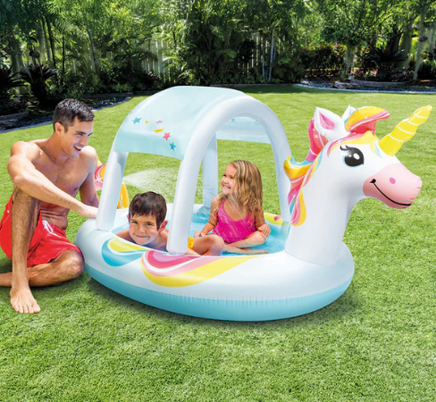 Piscina Inflable Unicornio para Niños con Rociador de Agua y Techo Desmontable