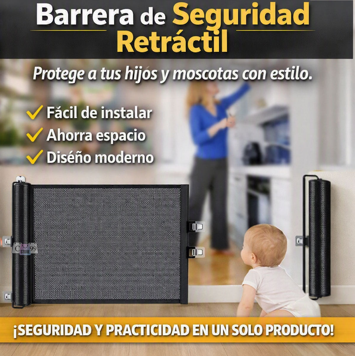 Malla Retráctil de Seguridad para Mascotas y Niños - vista frontal