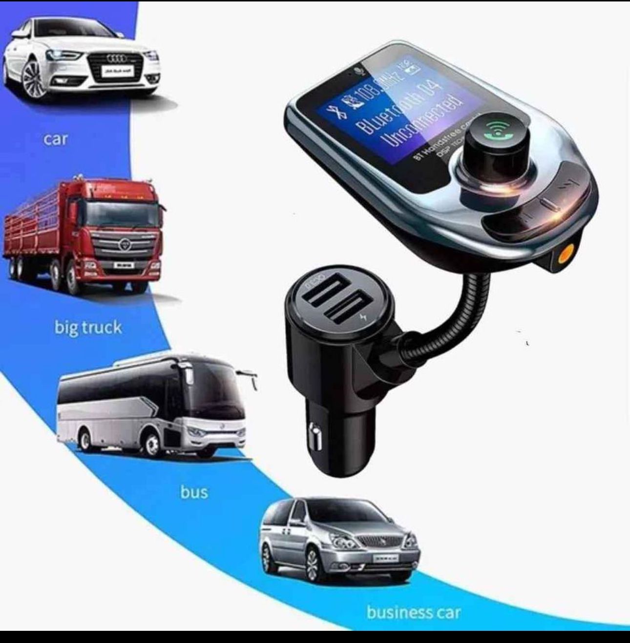 Convertidor Bluetooth FM A30 para Carro — Manos Libres, USB y Pantalla LED