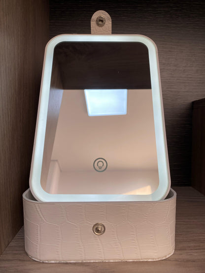 Joyero Organizador con Espejo Táctil LED Recargable - Almacenamiento de Maquillaje y Joyas con Luz Ajustable