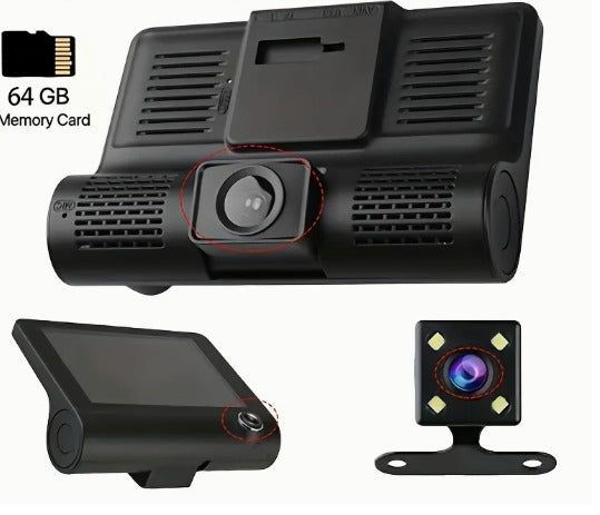 Cámara DVR Para Carro 3 en 1 Full HD - Graba Todo Frente, Interior y Reversa