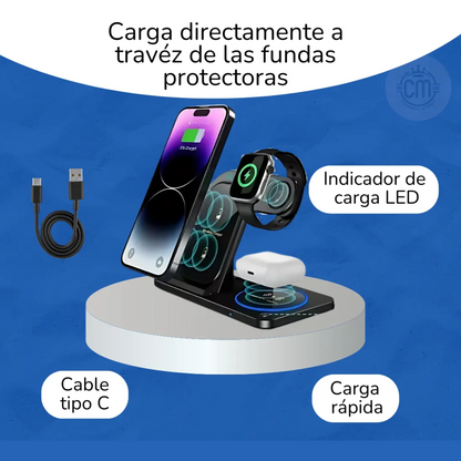 Estación de Carga Inalámbrica 3 en 1 — Soporte Plegable para Celular, Smartwatch y Audífonos