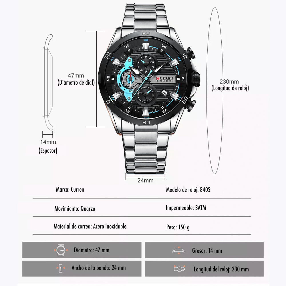Reloj Curren 8402 — Acero Inoxidable, Estilo Clásico