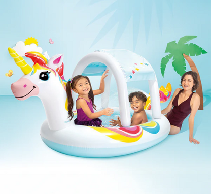 Piscina Inflable Unicornio para Niños con Rociador de Agua y Techo Desmontable
