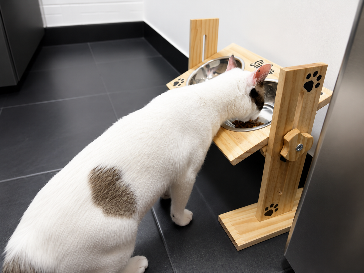 Comedero Graduable Para Perros Y Gatos - vista lateral