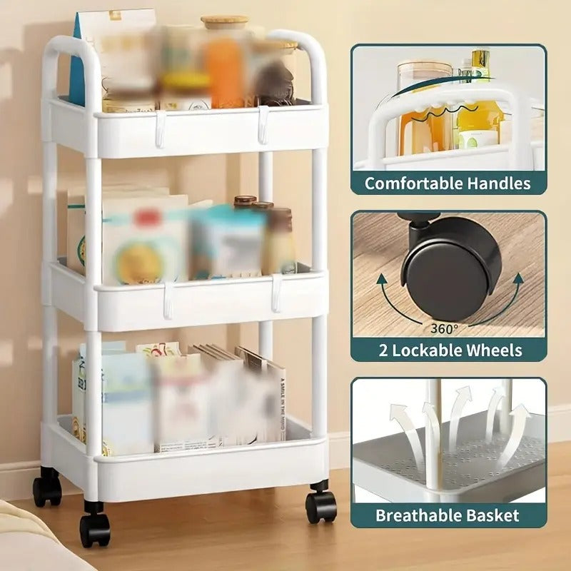 Carrito Organizador Multiusos de 3 Niveles con Ruedas — Almacenamiento Móvil para Cocina, Baño u Oficina